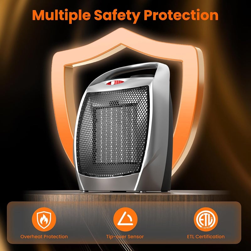ZAFRO 1500W Portable Ceramic Space Heater for Indoor Use, 3 Modes Thermostat Adjustable, Tip-Over & Overheat Protection, Quiet Personal Heater (<45dB) for Office Desk Bedroom,(Silver) - Image 5